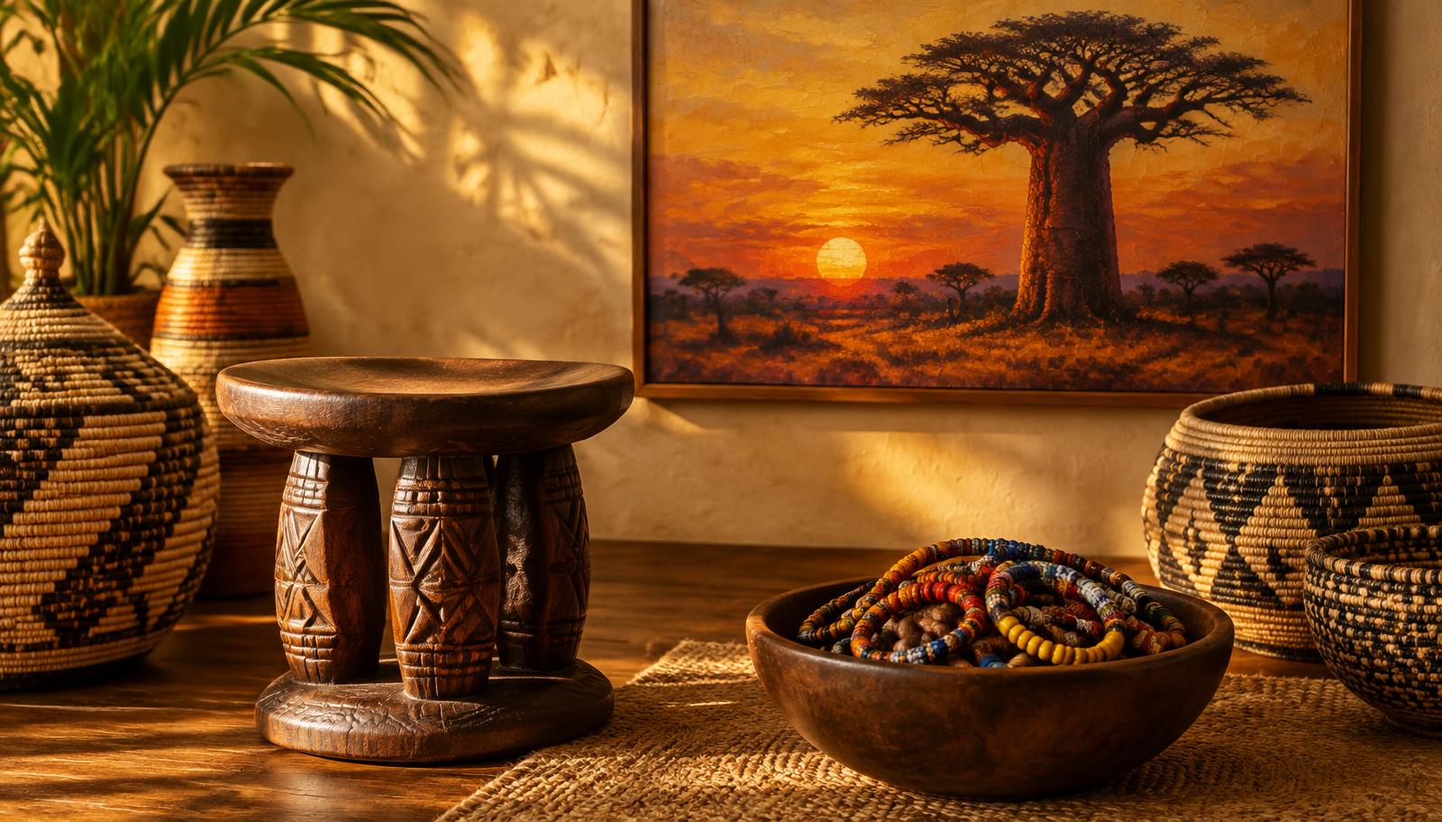 Handmade baskets, stool and beadwork