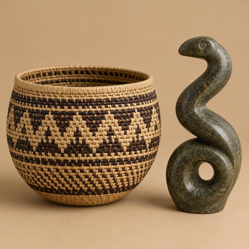 Woven basket and stone sculpture